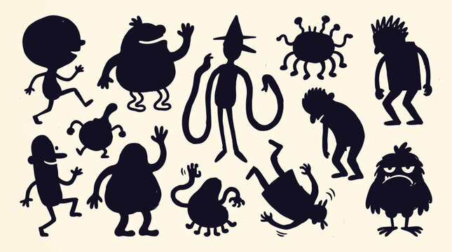 Diverse Silhouetted Monster Characters Set Whimsical and Humorous Creatures Collection