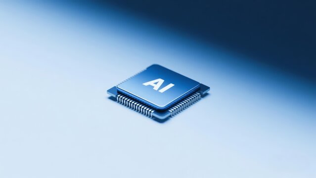 Isolated AI microchip on a cool blue monochromatic background