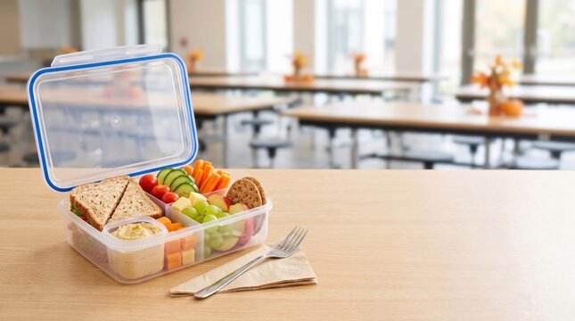 Healthy lunch box filled with sandwiches, vegetables and fruit on a classroom desk, representing school lunch