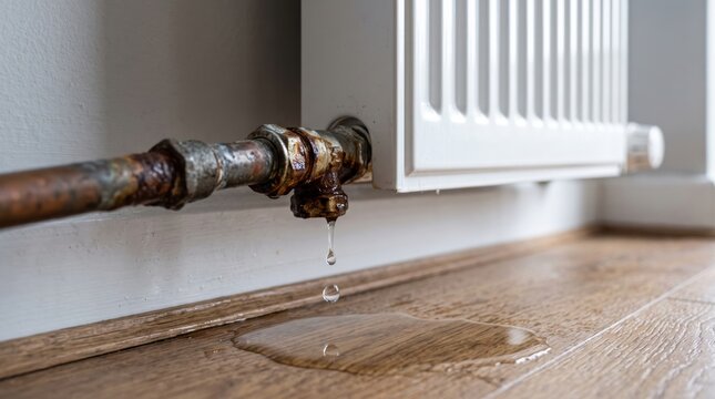 Leaking radiator valve dripping water onto a wooden floor, plumbing failure, home maintenance, water damage, heating system repair, pipe leak and property protection concept