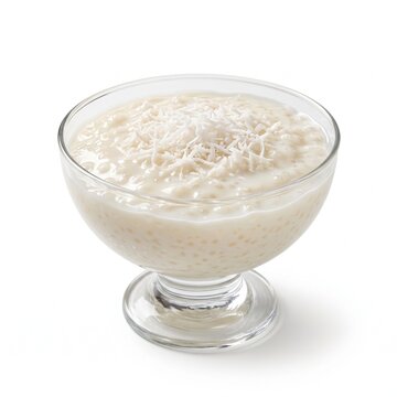 Traditional Brazilian Cuscuz Coconut Tapioca Pudding In Glass Dessert Bowl.