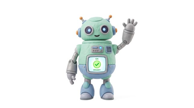 Cute friendly robot waving hello with a green check mark screen on white background
