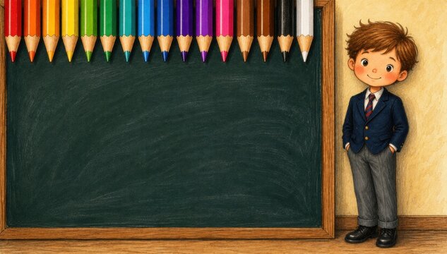Back to School concept with a young schoolboy standing beside a blank chalkboard. Education, learning, student life and the beginning of a new school year. Children's illustration with copy space