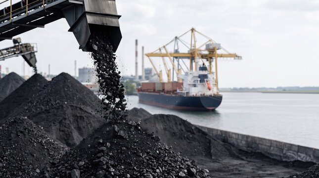 Coal being loaded at an industrial port with conveyor equipment and cargo ship, bulk material handling, fossil fuel transportation, mining, energy industry and global trade