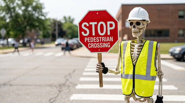 Skeleton crossing guard holding stop pedestrian crossing sign wearing safety vest and hard hat on street with blurred background