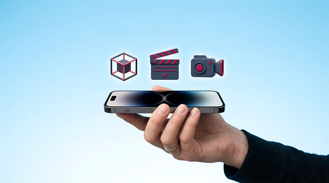 Hand holding smartphone with 3D modeling and video production icons on blue background