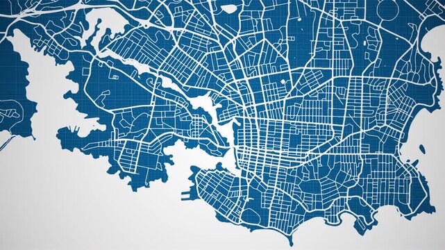 Ink reveal animation of Victoria city, British Columbia (BC), Canada grid map. Aerial top view. Blueprint style. White lines with blue background. 4K Seamless loop.
