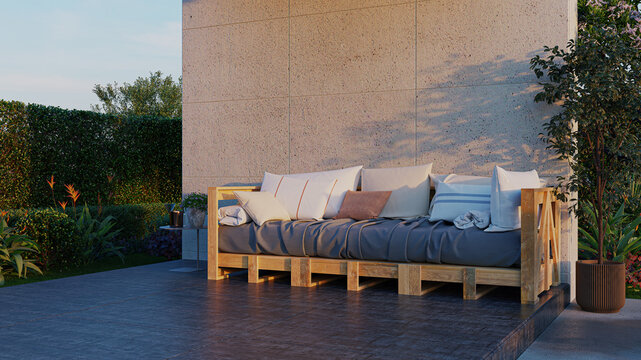High-quality 3D rendering illustration of a cozy modern outdoor lounge area featuring a wooden daybed sofa with plush cushions and throw pillows set against a textured concrete wall, surrounded by gar