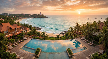 Fototapeta premium Luxury resort coastline overlooking the breathtaking Arabian Sea with tropical beaches and premium seaside hospitality in Kovalam Kerala India