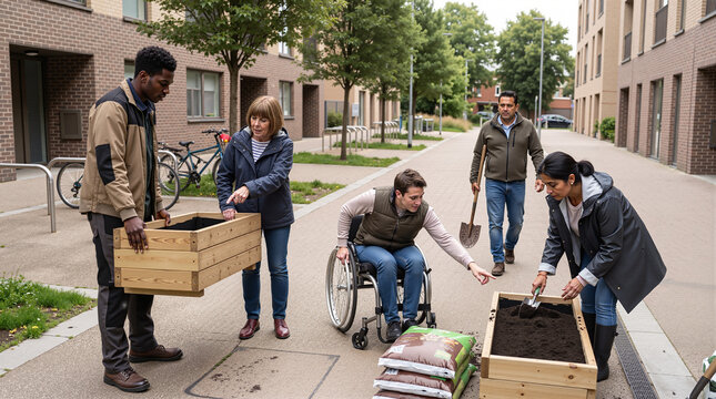 Inclusive neighborhood gardening project bringing diverse residents together through accessible community participation