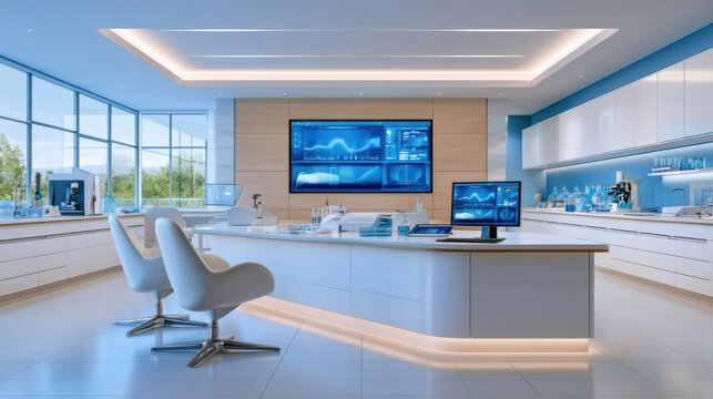 Modern DNA sequencing lab with glowing blue analysis screens and sleek white equipment