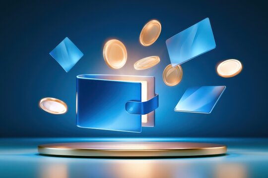 Glowing digital wallet releasing luminous gold coins and blue cards on pedestal