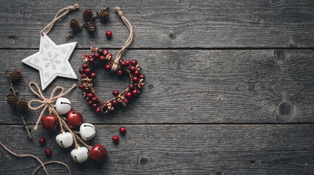Rustic christmas decorations featuring a wooden star and heart ornament on a dark weathered wooden background