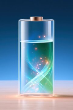 Glowing translucent battery with luminous energy flowing inside
