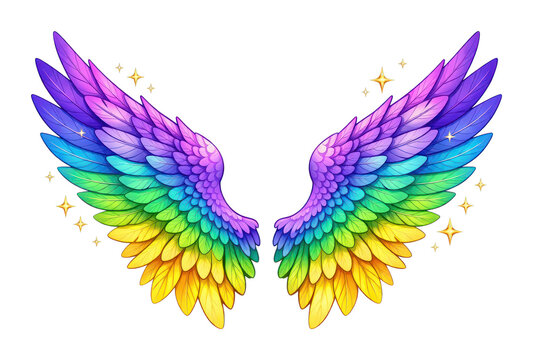 PNG Vibrant rainbow wings with sparkling stars.