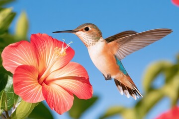 Fototapeta premium Hummingbird hovering mid air sipping nectar from vivid red flower against blue sky