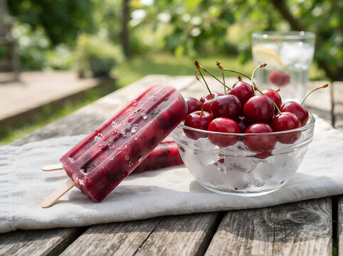 Refreshing cherry popsicles with fresh fruit in a bowl of ice on a wooden table.