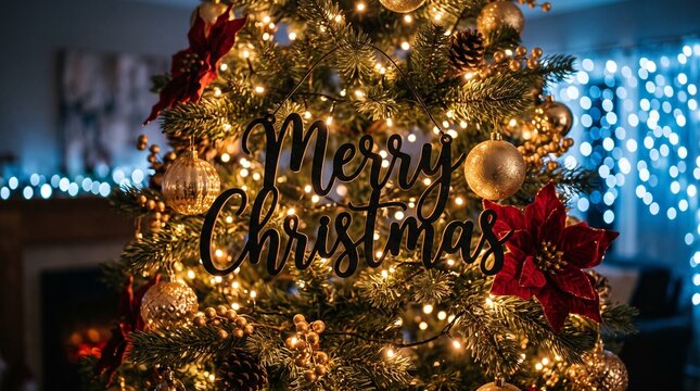 Magnificent christmas tree adorned with golden ornaments and warm glowing lights indoors