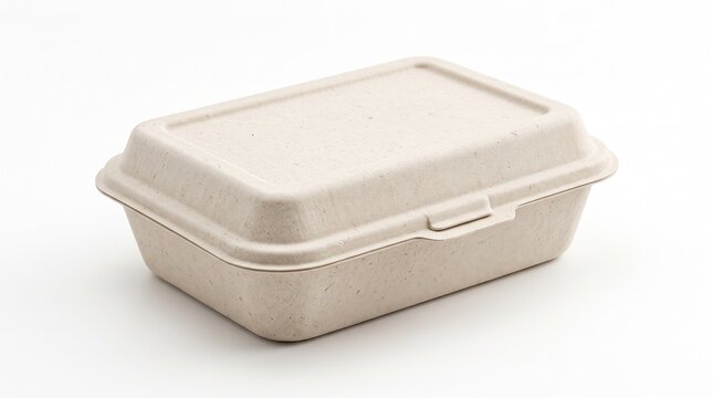 Eco-friendly biodegradable food container on white background. Sustainable compostable lunch box for takeout. Recycled paper pulp packaging mockup.