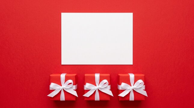 Festive red background with three gift boxes and a blank frame for text