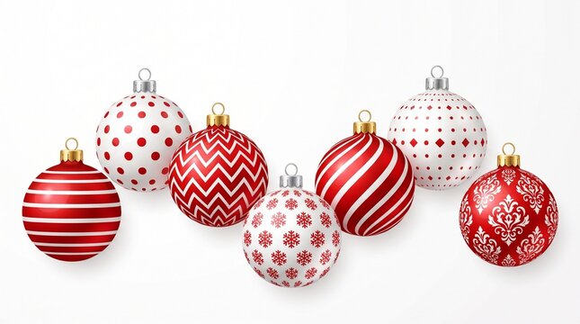 Festive collection of colorful patterned christmas ornaments on a bright white background