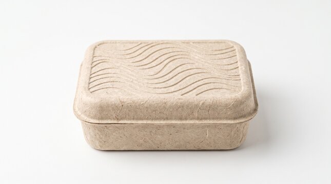 Eco-friendly biodegradable food container with wave texture, sustainable pulp paper lunch box, compostable takeaway packaging on white background