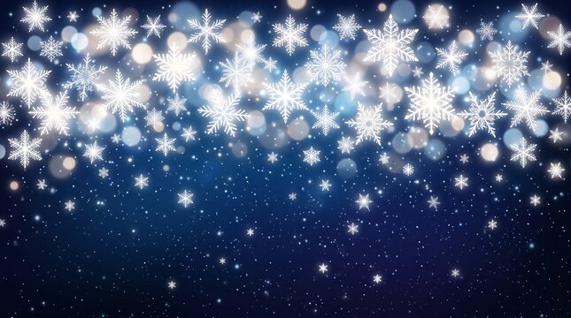 Magical winter background with sparkling snowflakes and a dark blue gradient
