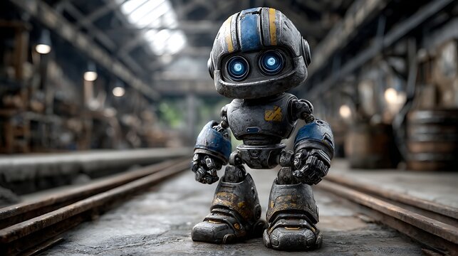 A small cute robot stands on railroad tracks inside an industrial warehouse setting.
