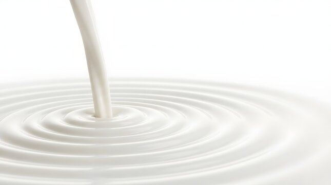 Fresh milk pouring into creamy liquid creating smooth concentric ripples on a clean white background