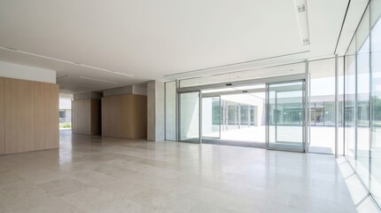 Fototapeta premium Modern bright corporate building lobby featuring sliding automatic glass doors providing inclusive accessible entrance
