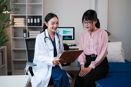 Doctor explaining medical information to patient in clinic