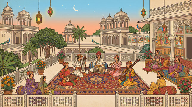 Rajput Palace Terrace Musicians Performing Traditional Music Artwork 4k, wall art decor with royal cultural elegance
