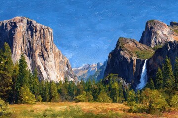 Obraz premium Scenic mountain landscape with waterfall and trees.