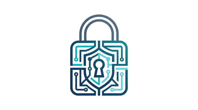 Modern vector icon representing digital cybersecurity padlock with circuit board lines for data protection and network safety