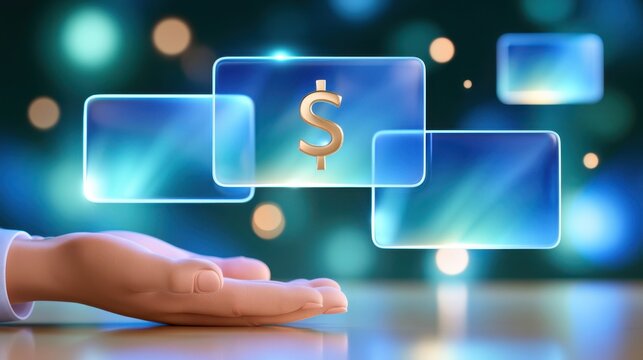 Hand presenting glowing digital dollar symbol on floating screens with blue bokeh background