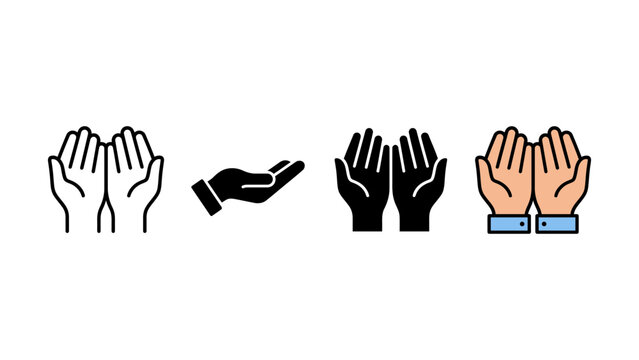 Set of four different hand gestures showing praying holding and open palm icons