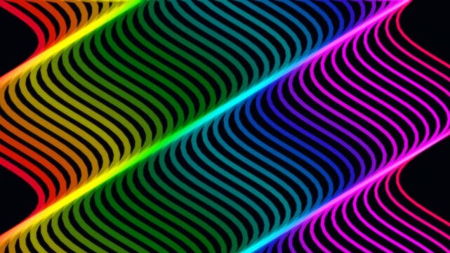 Abstract rainbow wavy lines on black background. Colorful neon glowing wave pattern.