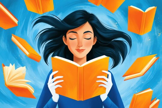 Woman reading a book with closed eyes surrounded by floating books in a dreamy blue scene