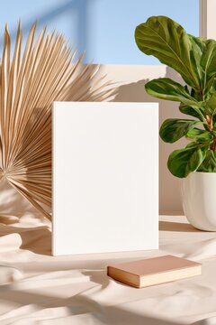 Blank book mockup standing upright with green plant and dried palm leaf on fabric surface