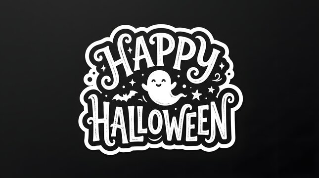 Happy halloween hand drawn lettering with cute ghost and bat