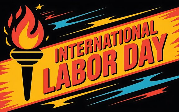International labor day celebration with torch and colorful fireworks design