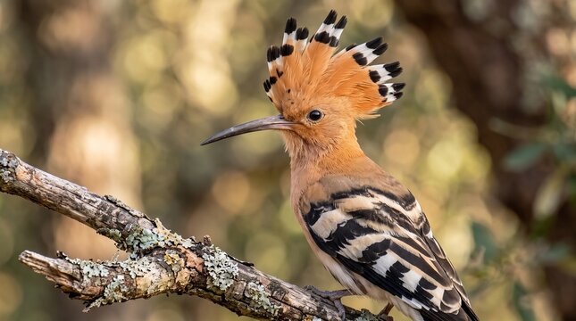 Eurasian Hoopoe Perched on a Branch: A striking Eurasian Hoopoe bird with its distinctive crest perched on a moss-covered tree branch in a forest setting.