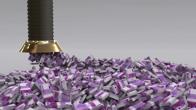 Massive pile of euro banknotes being sucked up by a vacuum hose