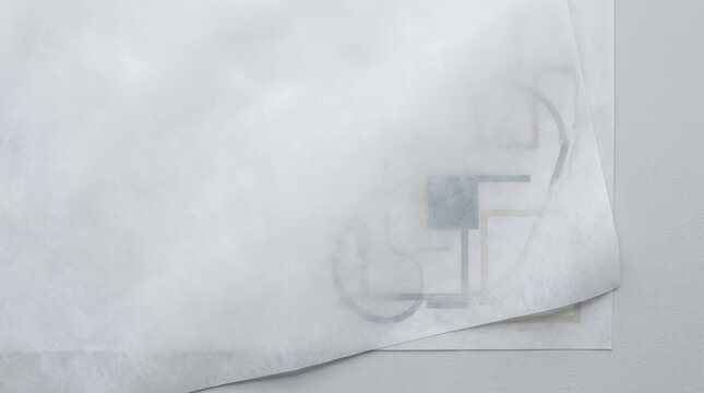 Minimalist architectural blueprint background, translucent vellum overlay, semi-transparent tracing paper layer, abstract geometric drafting design texture