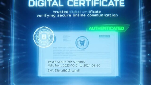 Digital certificate verification animation showcasing secure online communication protocols in a modern glowing blue motion video