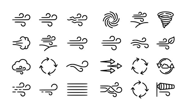 Wind Gust Airflow Breeze Windy Weather and Climate Outline Vector Icon Set