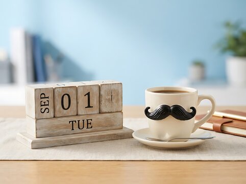 A wooden block calendar showing september first with a mustache coffee mug on a table against a soft blue background in a room