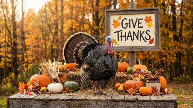 Thanksgiving Day Thanksgiving turkey display with pumpkins and fall decorations on wooden table