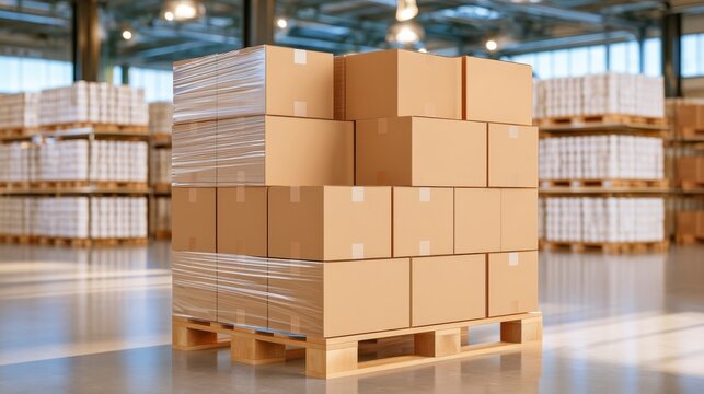 Stacked cardboard boxes on wooden pallet in warehouse with shrink wrap and blank labels
