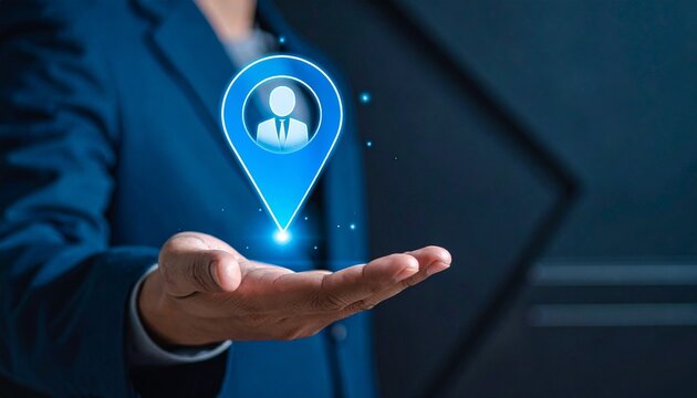 Businessman holding glowing digital location identity icon